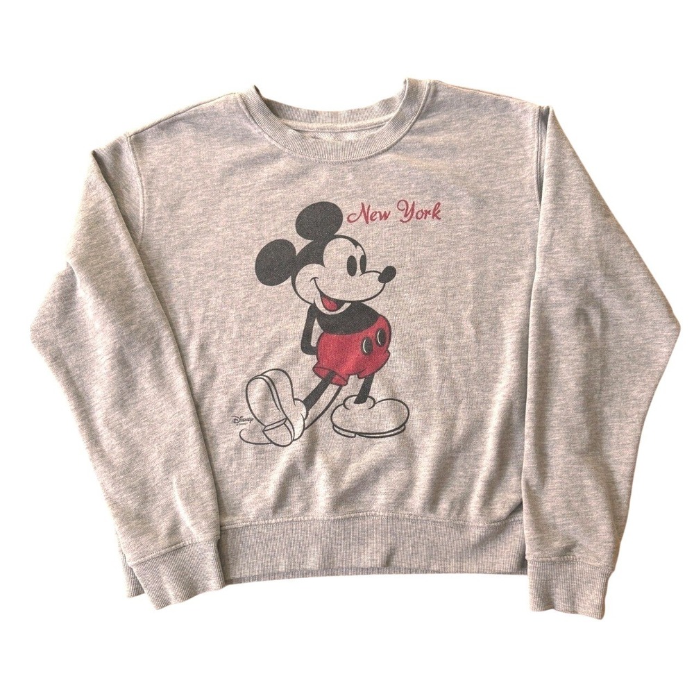Disney Mickey Mouse New York NYC Gray Crewneck Sweatshirt Retro Faded Graphic